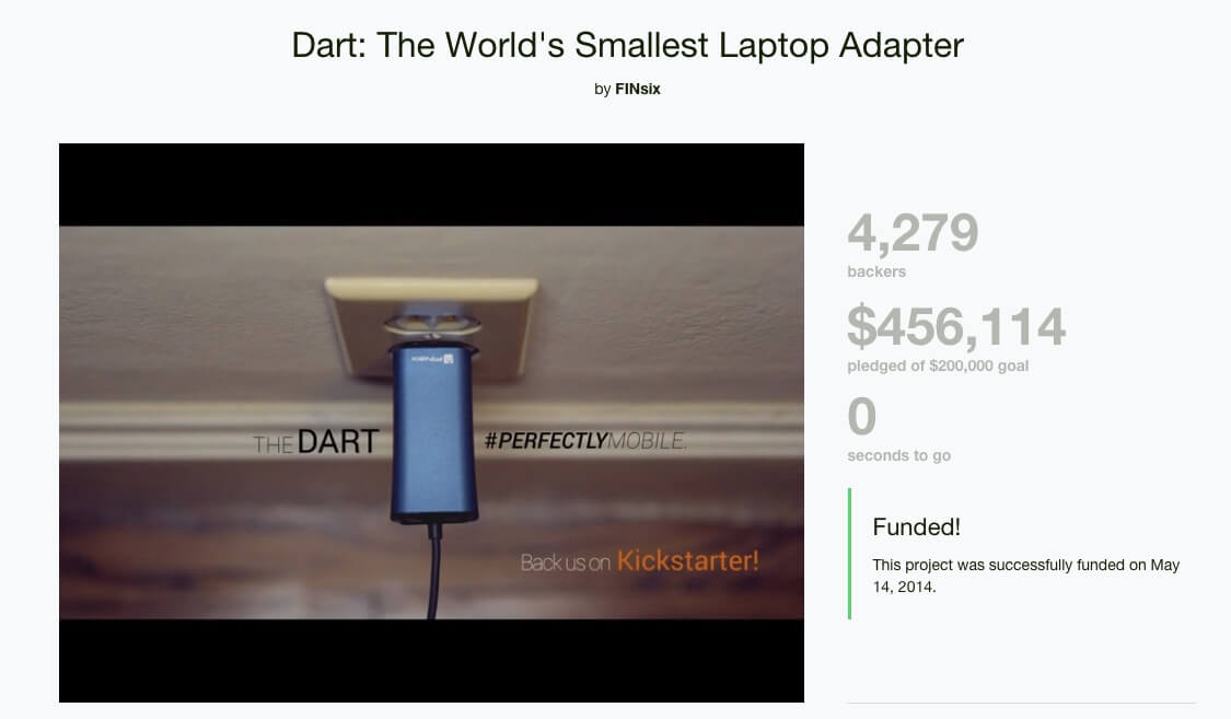 Image capture of Finsix Dart laptop charger on kickstarter